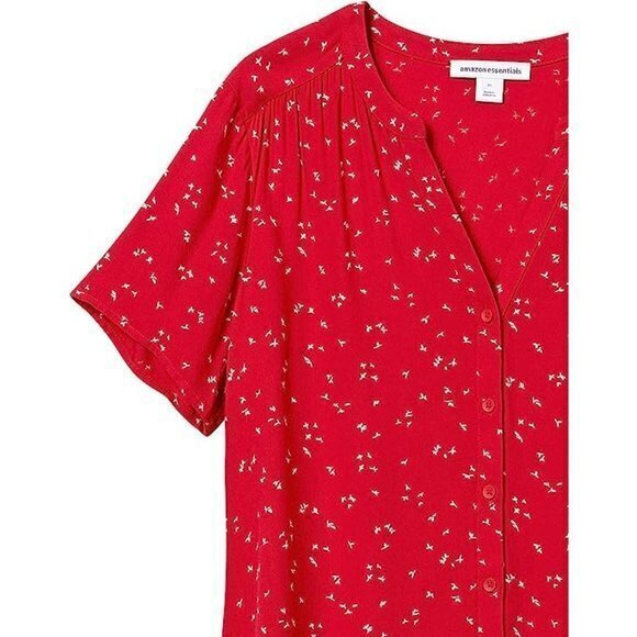 Red Floral Short-Sleeve V-Neck Woven Blouse Size‎ M RefJ001-2 - Picture 10 of 12